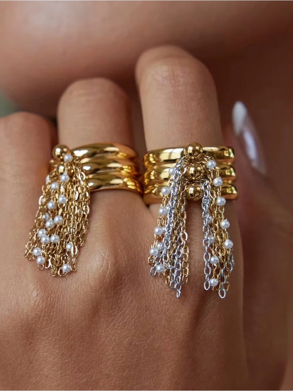 Gold Pearl Tassel Statement Ring Waterproof